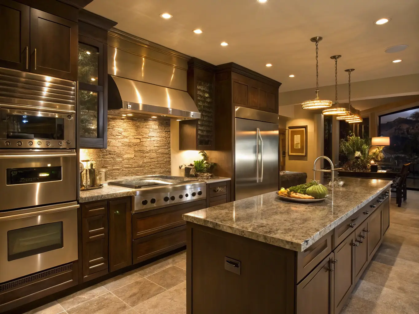 A brightly lit, spotless kitchen with gleaming countertops and stainless steel appliances, showcasing the results of a professional deep cleaning service.
