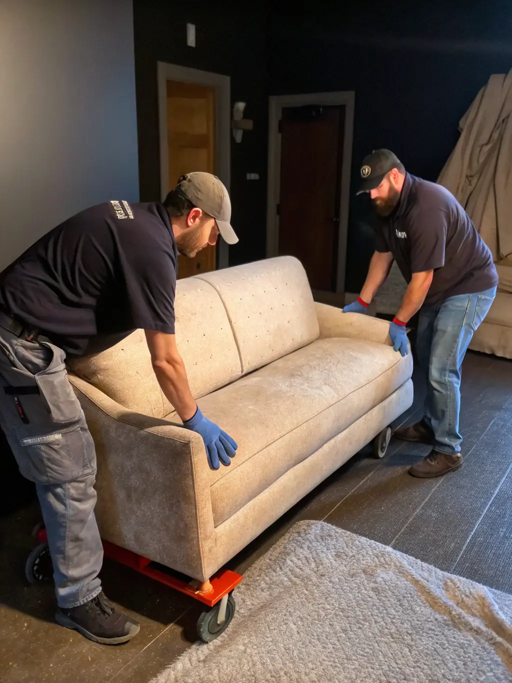 A team carefully removing a large sofa from a living room, showcasing Cleansoul LLC's furniture removal service.