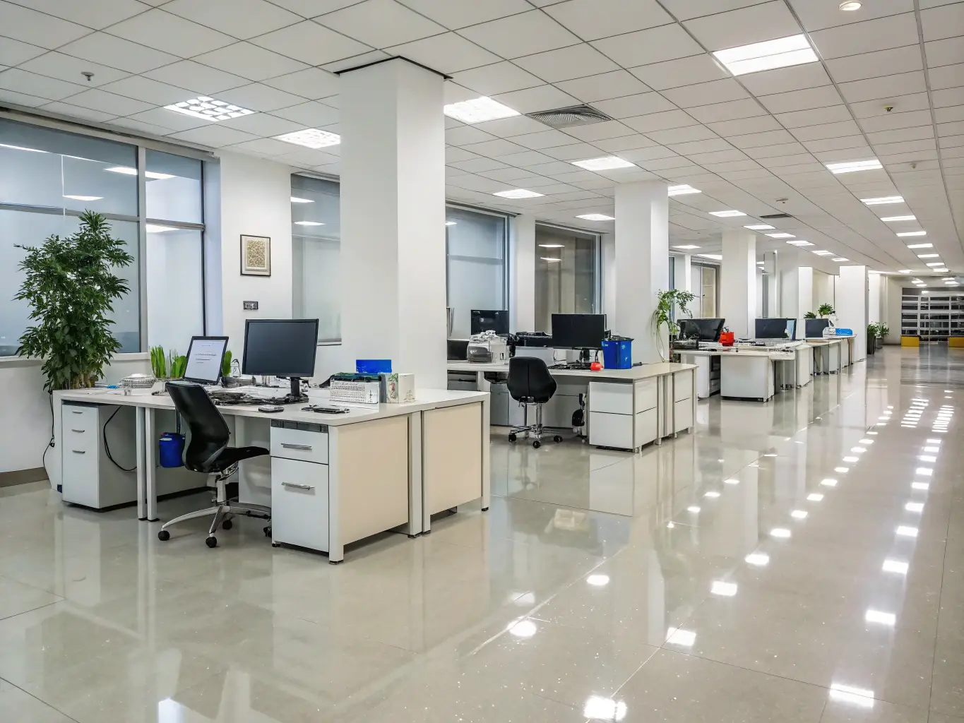 A well-organized office space after Cleansoul LLC has completed a cleanout, with employees smiling and giving a thumbs up.
