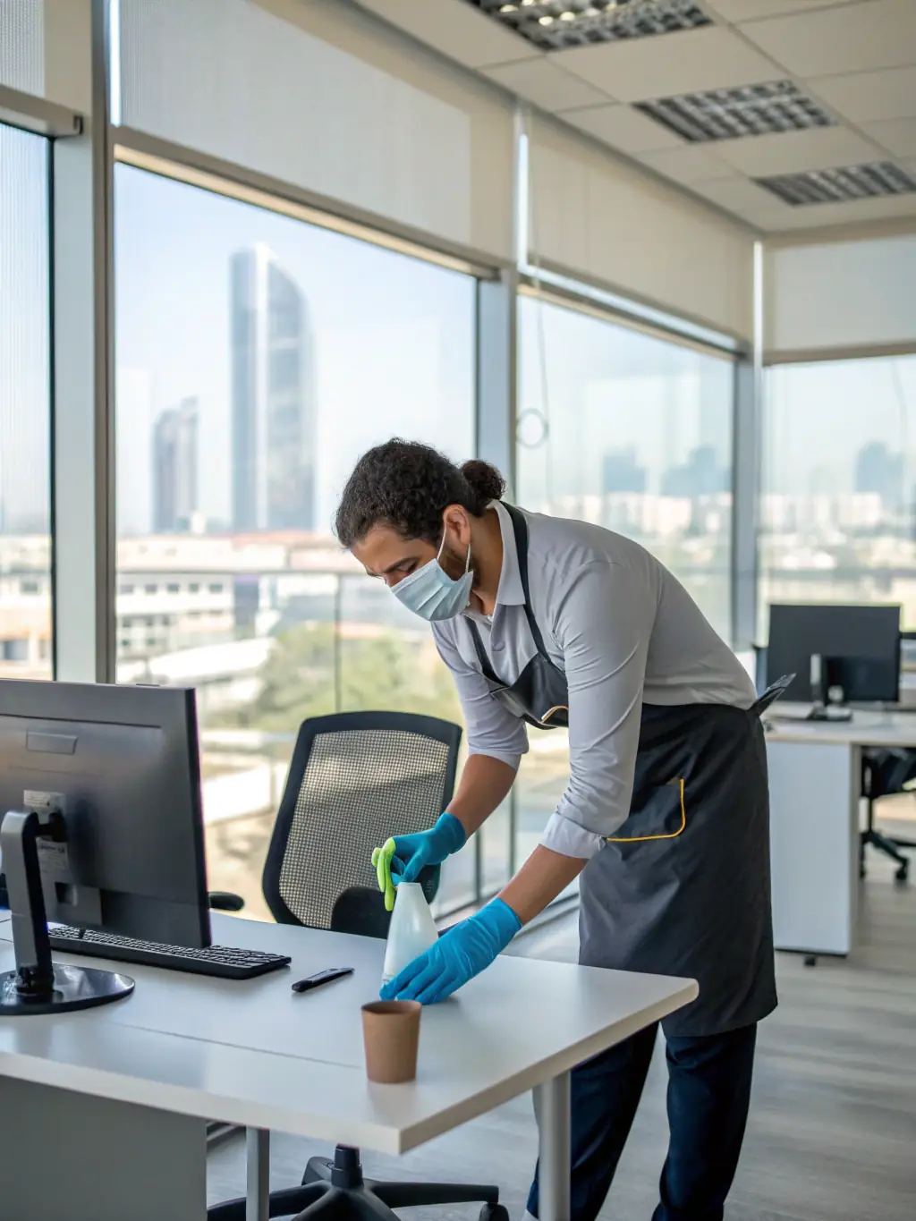 A professional cleaner in full protective gear disinfecting an office space, focusing on high-touch surfaces like desks and doorknobs.