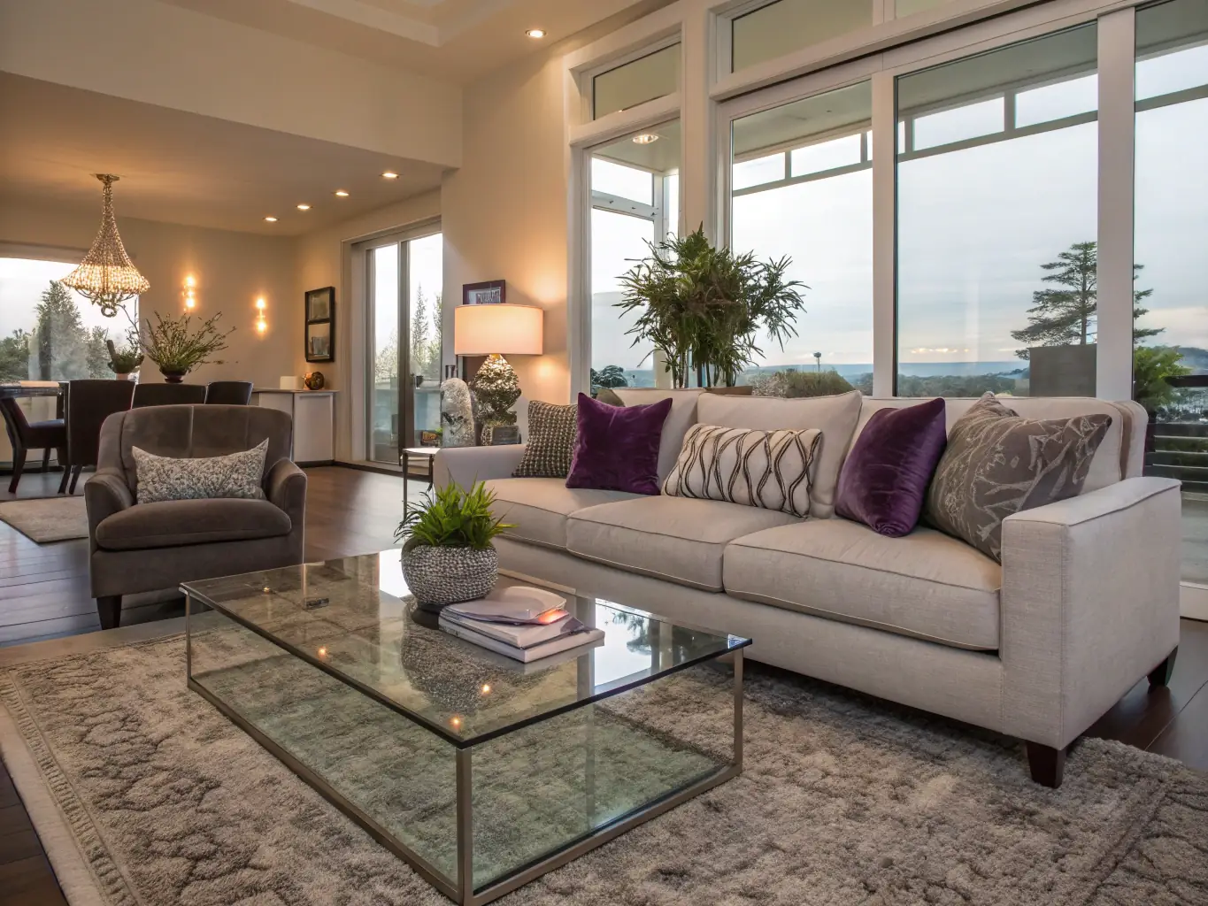 A cozy and inviting living room with freshly vacuumed carpets and neatly arranged furniture, illustrating the comfort and cleanliness of a well-maintained home.