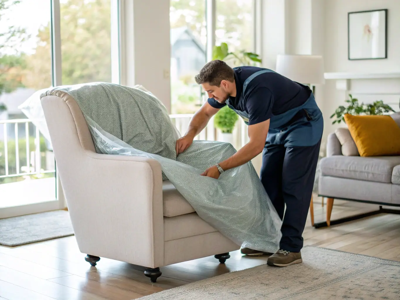 A professional team carefully removing old furniture from a residential home, showcasing their efficiency and care.
