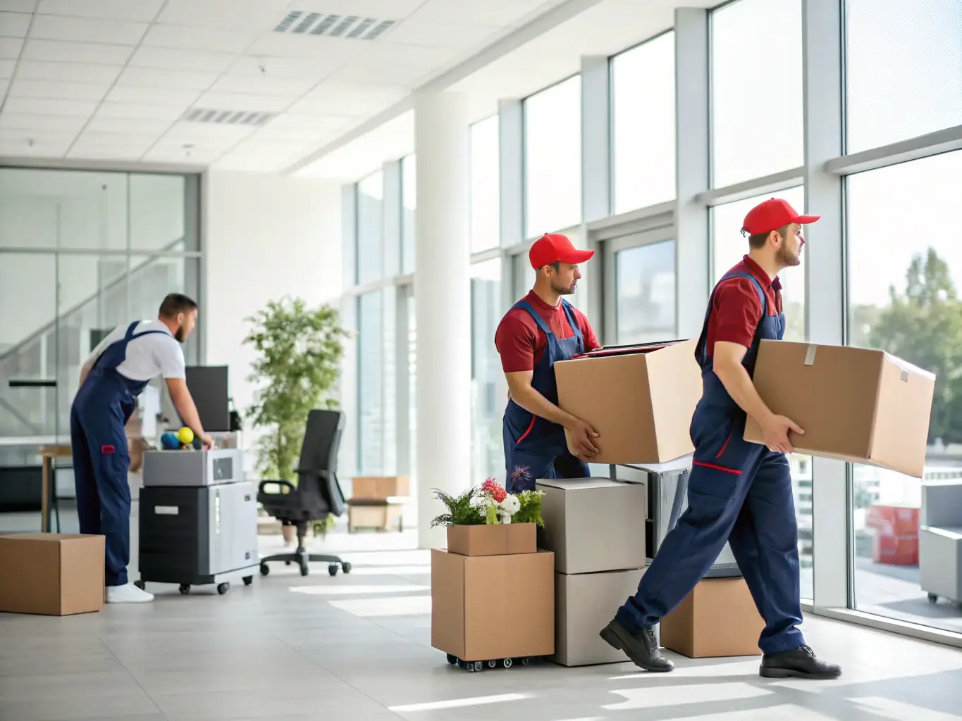 A team carefully removing a large piece of furniture from an office building, emphasizing the furniture removal service.