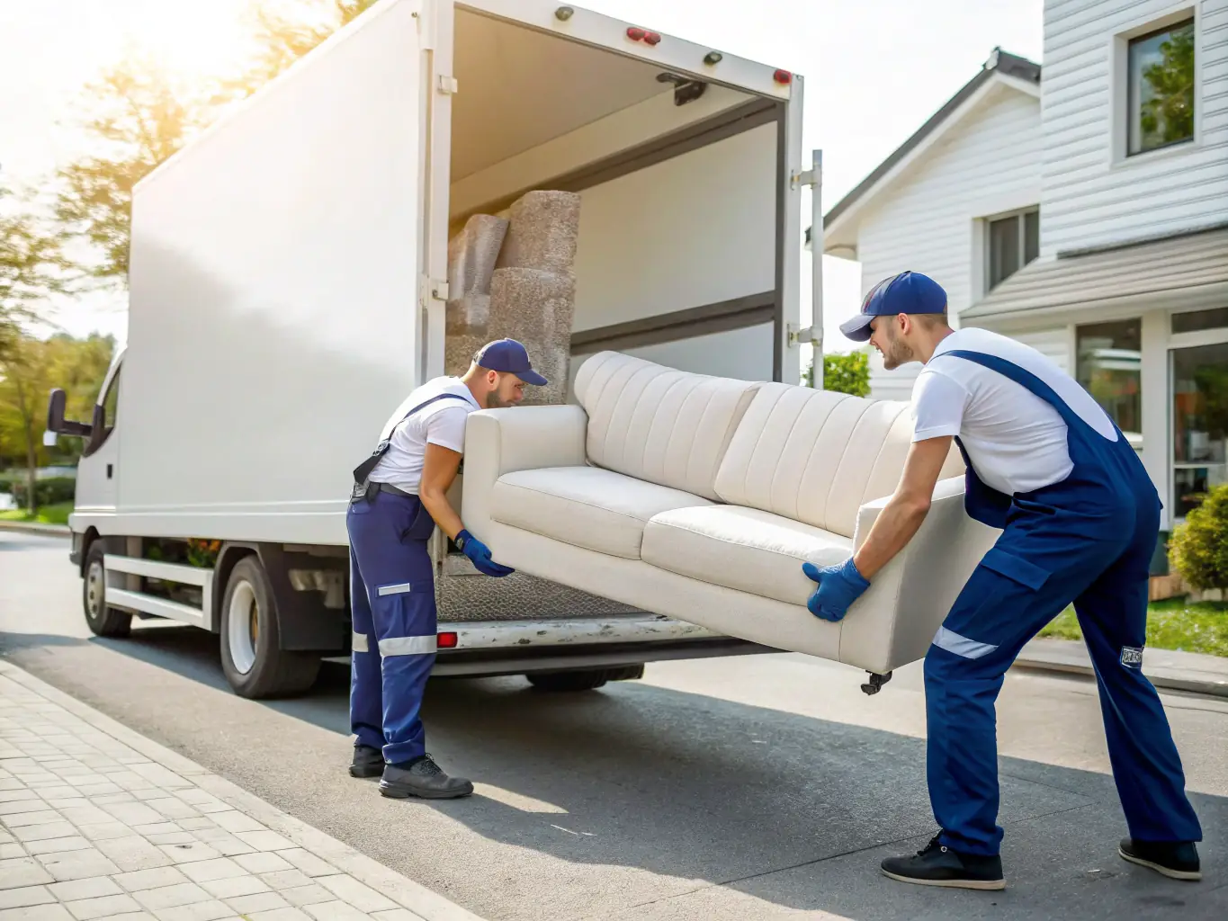 A team of Cleansoul LLC movers carefully maneuvering a large sofa through a doorway during an in-house moving project.