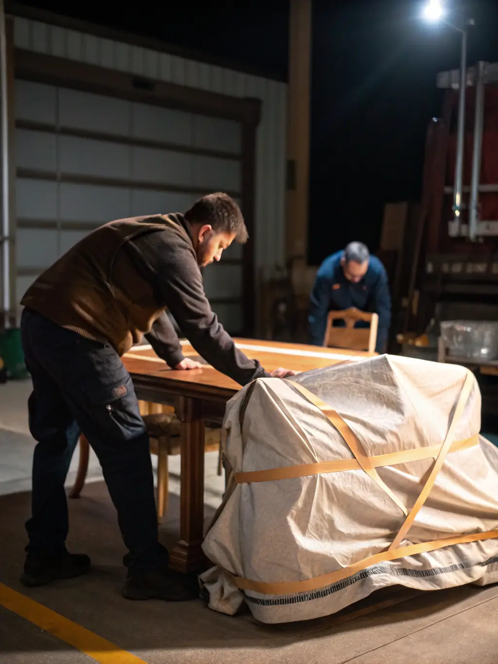 Movers carefully transporting furniture through a building corridor with protective padding, ensuring safe handling during in-house moves.