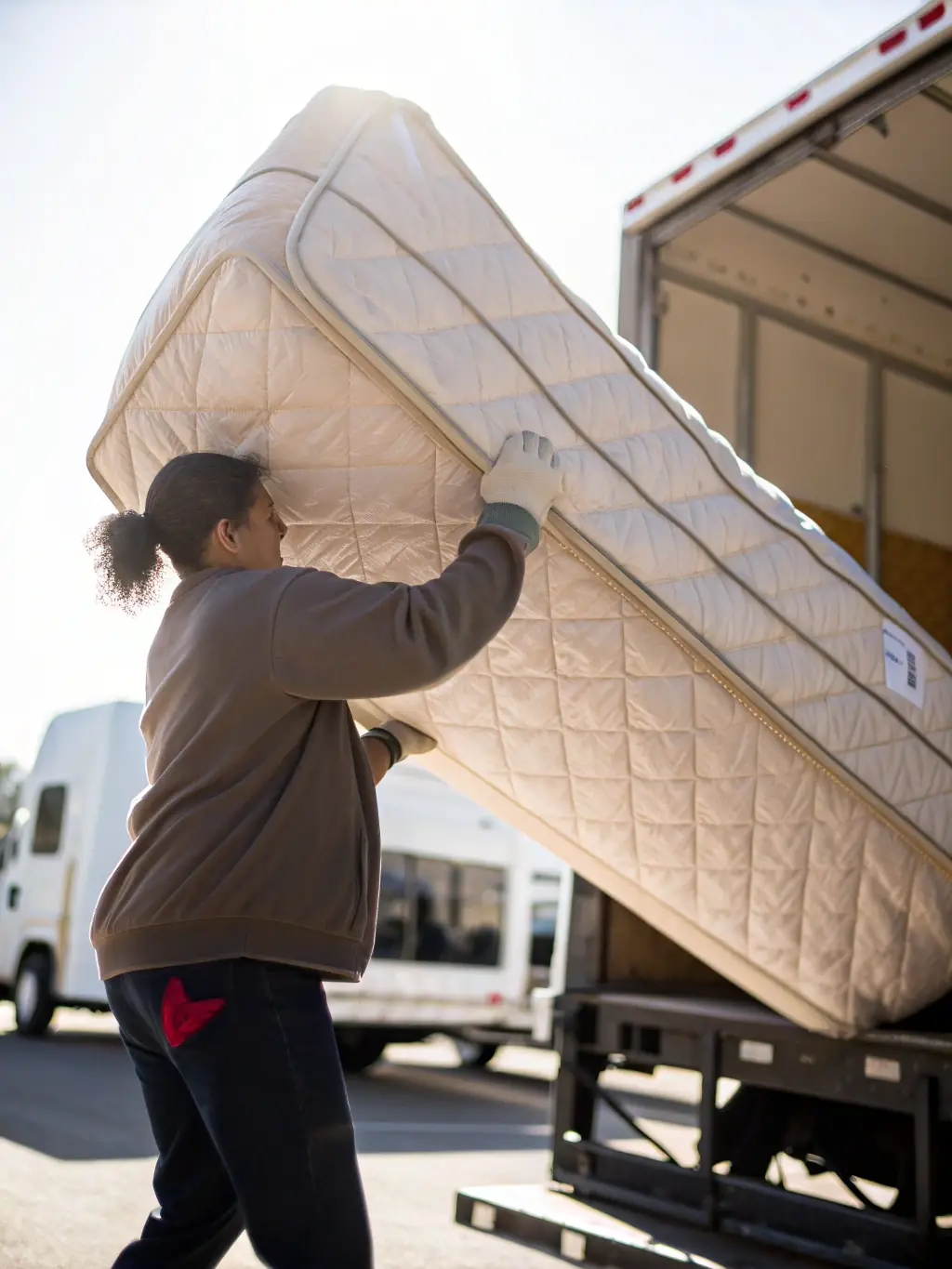A Cleansoul LLC employee carefully wrapping a mattress for removal, highlighting the company's mattress removal service.