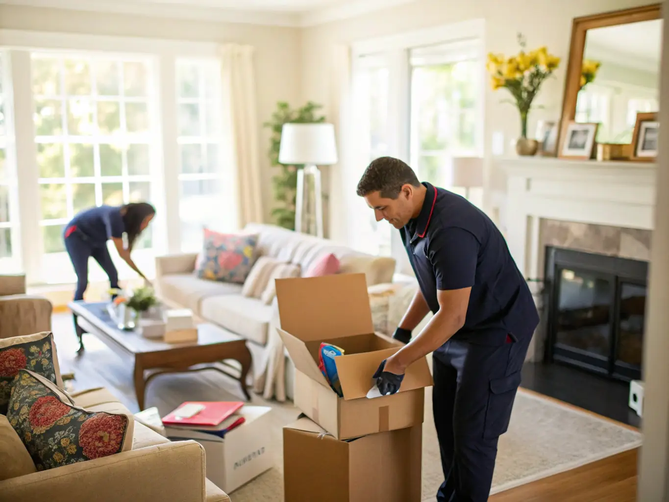 A brightly lit living room with a team of Cleansoul LLC employees carefully sorting items into boxes and removing unwanted furniture during a home cleanout.
