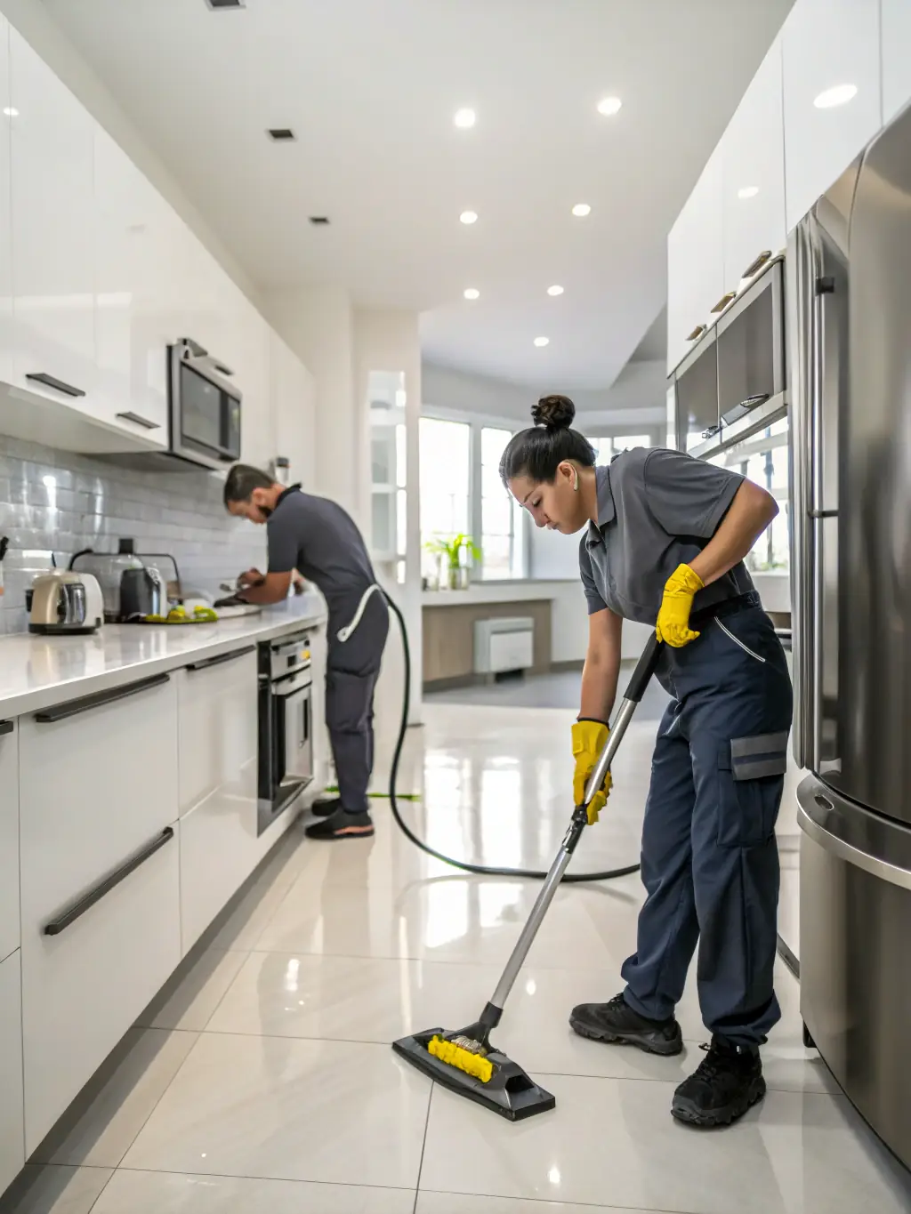 A professional cleaning team using eco-friendly cleaning products to scrub and disinfect a modern kitchen, ensuring a spotless and hygienic environment.