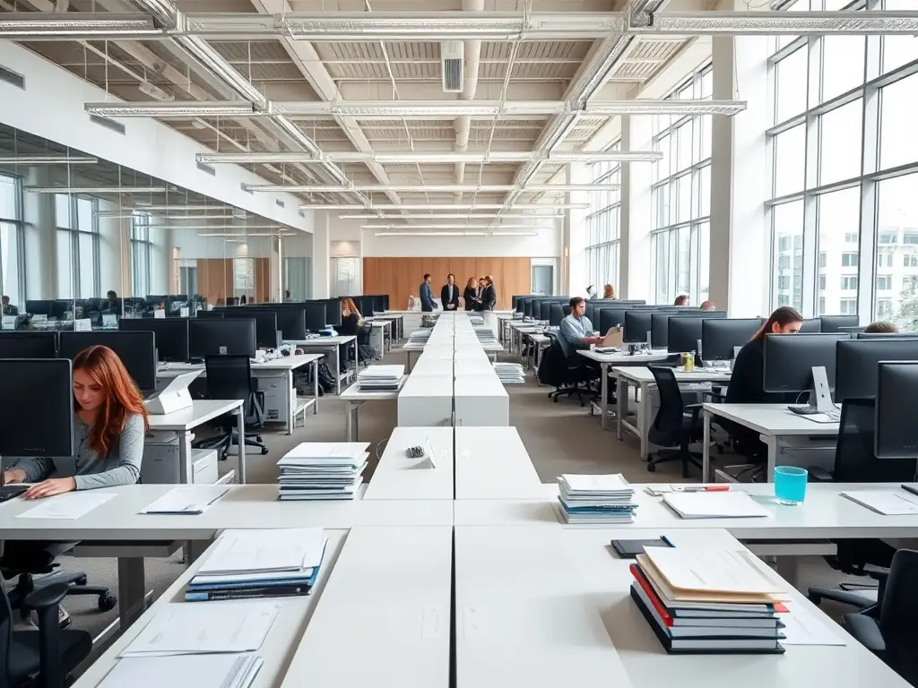 A clean and organized office space with clutter-free desks and sanitized surfaces, reflecting a professional and productive work environment.
